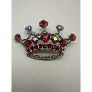 Vintage Style Silver Tone Red Rhinestone Aurora Borealis Crown Tiara Brooch Pin